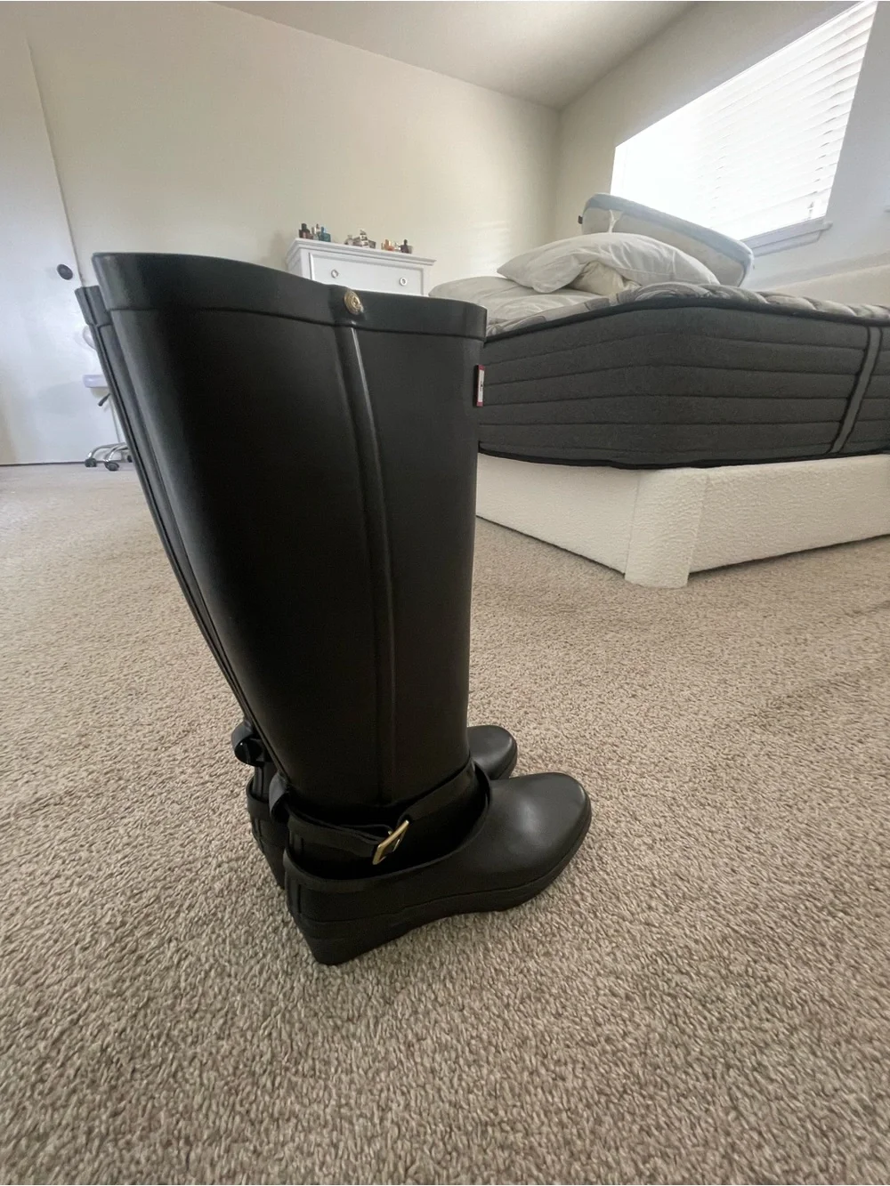 Hunter Black Gloss Tall Rain Boots with Buckle Detail